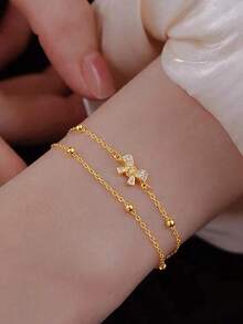 1pc Elegant Luxury Double-Layer Bowknot Bracelet - Gold - View 3