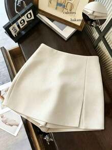 Pantalones cortos/falda/culotte/shorts de mujer de tela suave y texturizada de cintura alta con abertura, de uso versátil y casual, para primavera/otoño - Beis - Ver 6