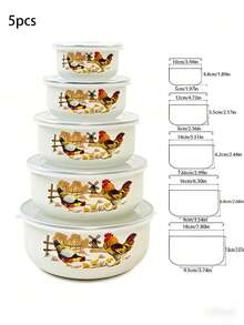 5PCS Enamel Multi-Function Bowl Set, Suitable For Vegetables, Fruits, Salads, Oatmeal Preparation, Suitable For Home Kitchen, Outdoor Camping, Can Be Put In Refrigerator As Fresh-Keeping Bowl, Stackable Storage Bowl With Lid, Back To School Gift - Retro Multi-colored Bowl - View 5