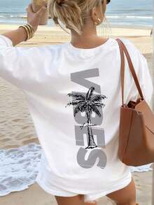 This Women's Minimalist Coconut Tree Slogan Print Casual Round Neck Short Sleeve Summer T-Shirt, Versatile And Suitable For Daily And Holiday Wear. Graphic Tee, Women, White, Black, Pink - 白色 - 查看 7