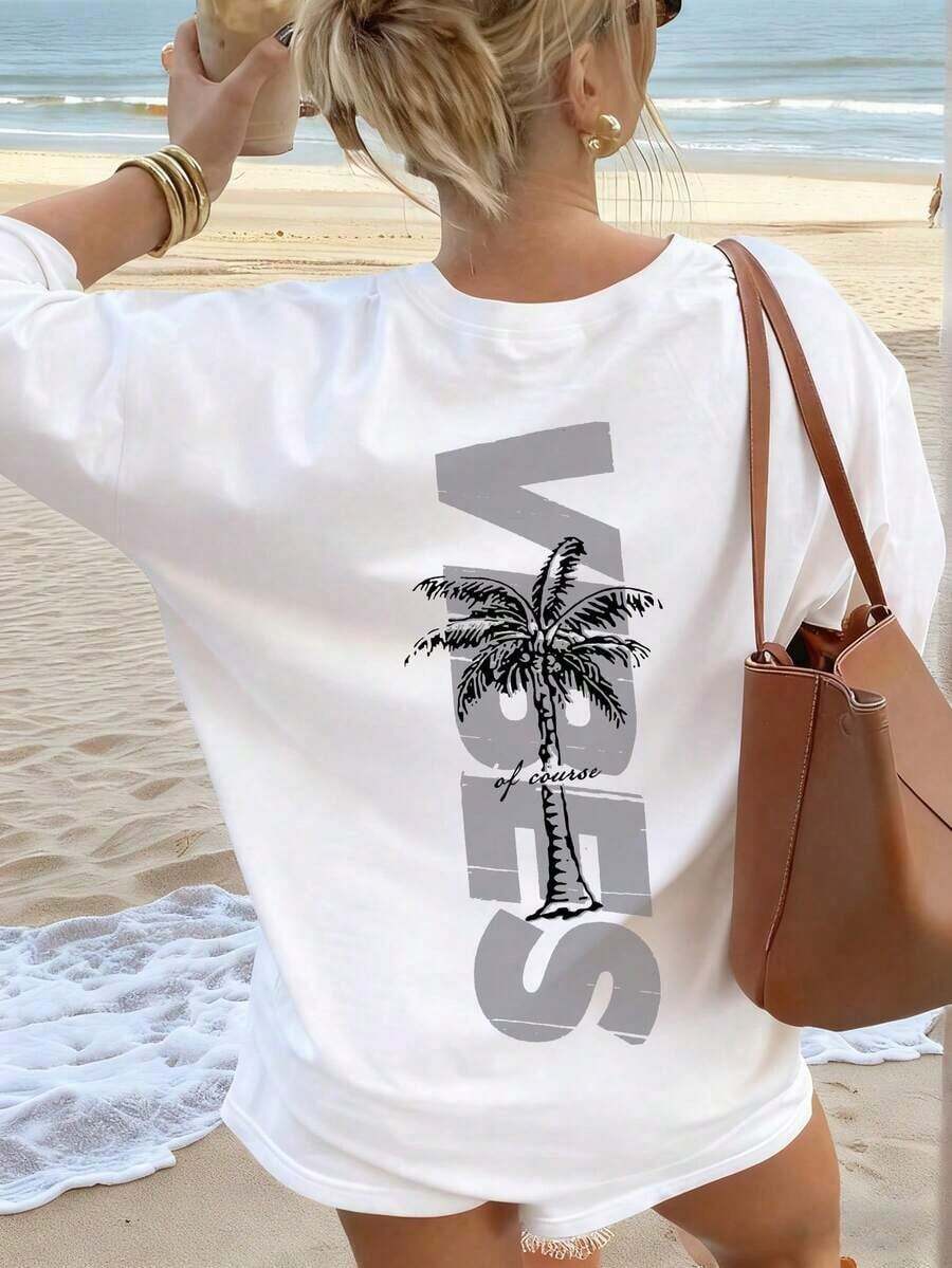 Women's Round-Neck, Short-Sleeved T-Shirt With A Minimalist Coconut Tree Print And Slogan. Simple And Versatile, Ideal For Everyday Wear Or Vacations. Women's Graphic T-Shirt, White, Black, Summer - 白色 - 查看 1