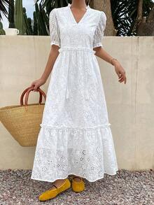 Vestido largo de manga abullonada con cintura anudada, escote bordado y volantes calados, vestido de playa bohemio para vacaciones - Blanco marfil - Ver 6