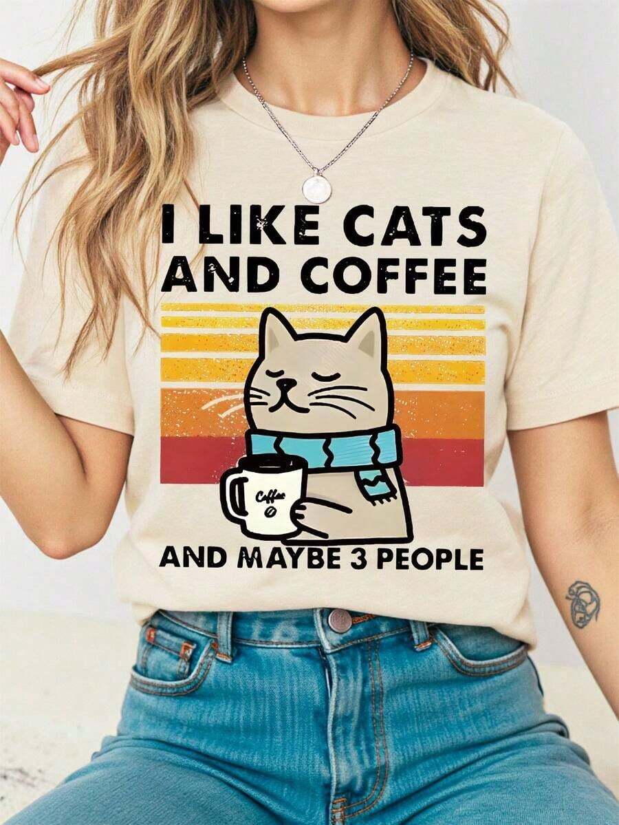 Camiseta de cuello redondo con estampado de gato y café de Hewang, top casual de manga corta, adecuado para primavera y verano, para mujerPure-Cotton - Albaricoque - Ver 1