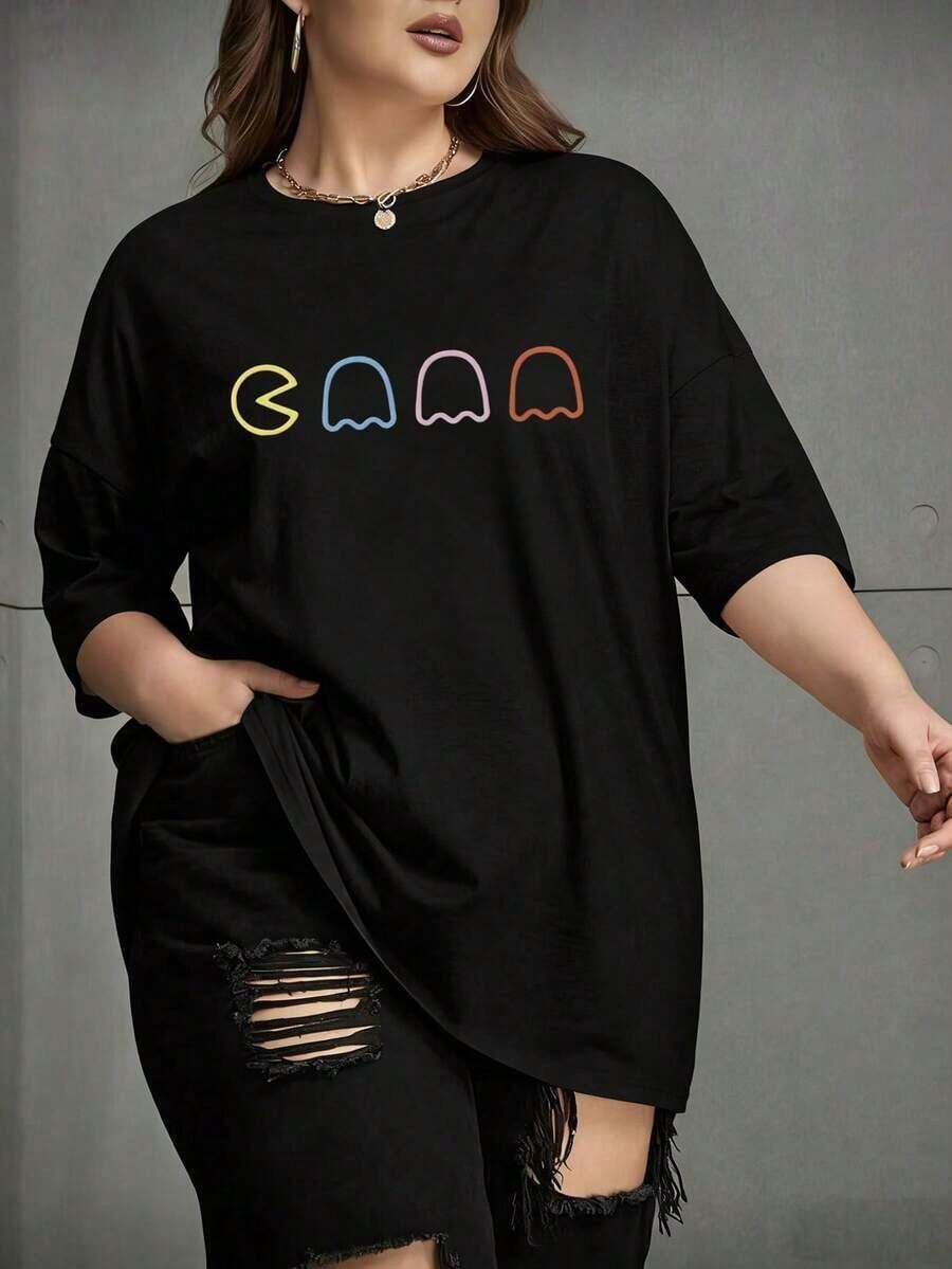 Camisetas de moda, modernas y novedosas, de talla grande para mujer, estilo retro, con estampado de fantasma, cuello redondo, manga corta, estilo casual, estilo callejero vintage, unisex, holgadas, de algodón, de manga corta, con cuello redondo, playeras de mujer. - Negro - Ver 1