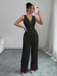 Conjunto de camiseta sin mangas y pantalones elegante para mujer, estilo de oficina y transporte, atuendo de otoño para maestros - Negro 2 - Ver 5