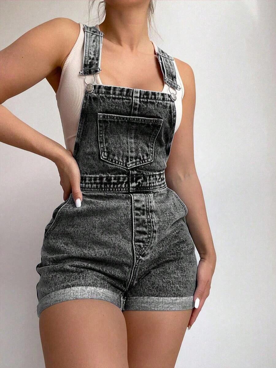 Pantalones de peto vaqueros lavados de verano casuales - Gris Oscuro - Ver 1
