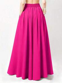 Falda larga casual de unicolor con bolsillos laterales, primavera negro - Rosa Fucsia - Ver 2