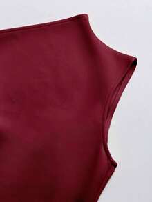 Vestido corto de verano de color claro, minimalista, sin mangas y con lazo en los hombros, de unicolor y elegante para mujer - Burdeos - Ver 4