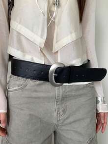 1 pièce Ceinture large en PU noir unicolore, polyvalente et décontractée pour femmes - Noir - Voir 3