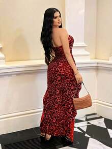 YHHSHEIN  Vestido ajustado con volantes y abertura con estampado de leopardo sexy y elegante para mujer, apto para uso diario, reuniones, citas, fiestas, vacaciones en isla, playaYHH - Rojo - Ver 2