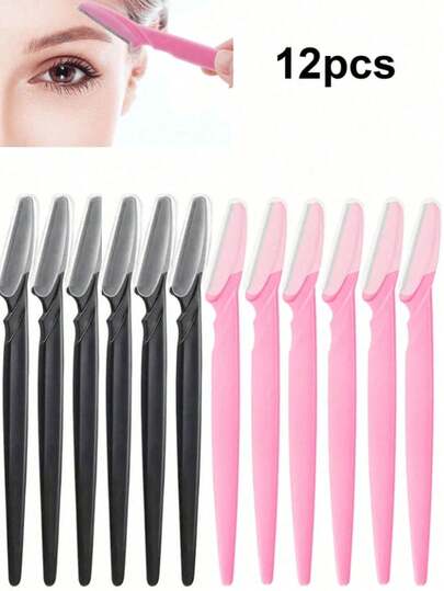 12pcs Minimalist Stainless Steel Eyebrow Razor Set In Yellow, Black, Pink, Blue, Gentle On Skin, Easy To Use For Facial Hair Removal, Daily Grooming, Personal Care, Salon Use, Portable Beauty Essential, Suitable For Easter, Women's Day, Valentine's Day, New Year