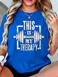 Respirable Playera Negra con Frase "ESTO ES MI TERAPIA" y Gráfico de Mancuerna, Camiseta de Motivación Fitness y Gimnasio, Blusa Oversize Holgada Estilo Grunge, Tops Regalo para Entrenadores y Amantes de Pesas, ropa de calor mujer - Azul - Ver 6