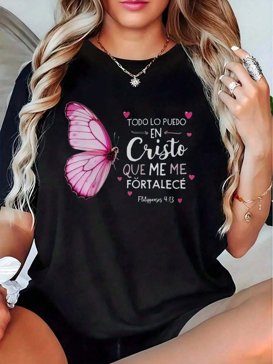 Women's T-Shirt With Christian Bible Verse And Pink Butterfly - 100% Comfortable Short Sleeve Top, Blouse For Church, Prayer Meetings And Casual Wear - Machine Washable Faith Clothing (Spanish Scripture Design) - 彩色 - 查看 1