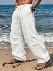 Herren Leinen Einfarbig Kordelzug Taille Gerade Beine Lässig Hose, Herren Kordelzug Hose, Herren Hose, Herren Urlaub, Herren Leinen Hose, Bohemian Stil Hose, Herren - Weiss - Übersicht 9