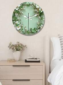 10-Inch/12-Inch Silent Wall Clock With Wreath Design - Light Green Wooden Surface, White Flowers And Green Leaves - Elegant European Round Clock Suitable For Living Room Or Study - Battery Not Included - Multicolor - View 4