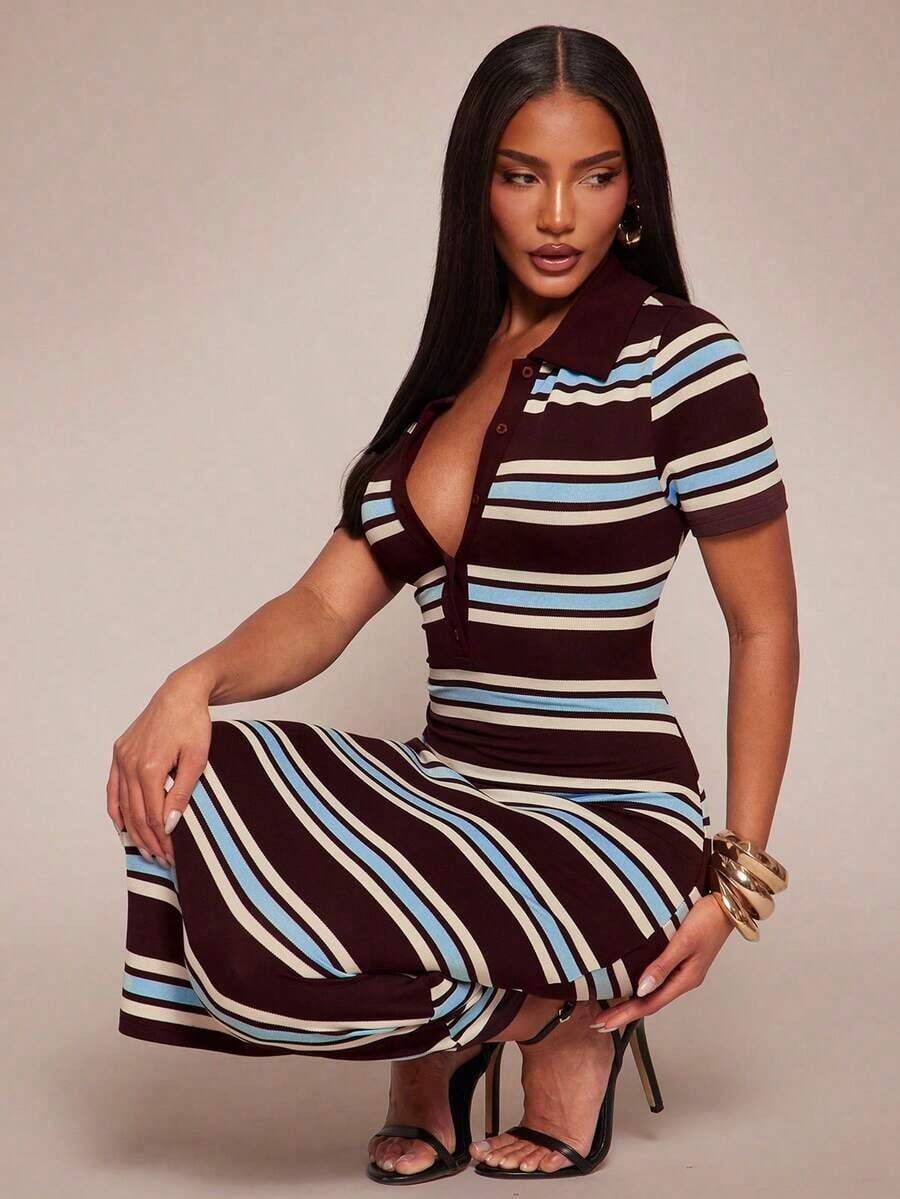 Vestido camisero de mujer de estilo casual, elegante y de negocios, con rayas negras y blancas.Vestido midi de punto elástico y ajustado.Vestido chic francés a rayas en blanco y negro.Vestido midi a rayas.Vestido midi ajustado a rayas.Vestido de verano de mujer con cuello a rayas. - Multicolor 7 - Ver 1