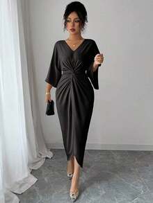 xheElenzga Vestido de manga de murciélago de punto elástico elegante con diseño de giro de cuello en V de longitud media para mujeresxhe - Negro - Ver 3