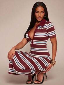 Vestido camisero de mujer de estilo casual, elegante y de negocios, con rayas negras y blancas.Vestido midi de punto elástico y ajustado.Vestido chic francés a rayas en blanco y negro.Vestido midi a rayas.Vestido midi ajustado a rayas.Vestido de verano de mujer con cuello a rayas. - Multicolor 5 - Ver 7
