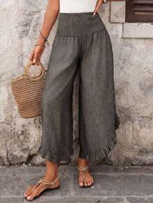 Pantalones anchos de cintura alta con volantes, estilo casual para vacaciones, aptos para primavera, verano y otoño - Marrón Mocha - Ver 7