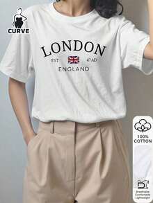 1pscBlusa de algodón 100% con estampado de Londres para mujer de talla grande, camiseta gráfica de tela suave, ropa de algodón, top para exteriores, estampado impreso, camiseta de verano, camiseta de mujer, top, ropa de verano, atuendo de vacaciones, estilo de viaje, vibra de playa, ropa de resort minimalista en blanco100% Cotton100% Cotton - Blanco - Ver 3