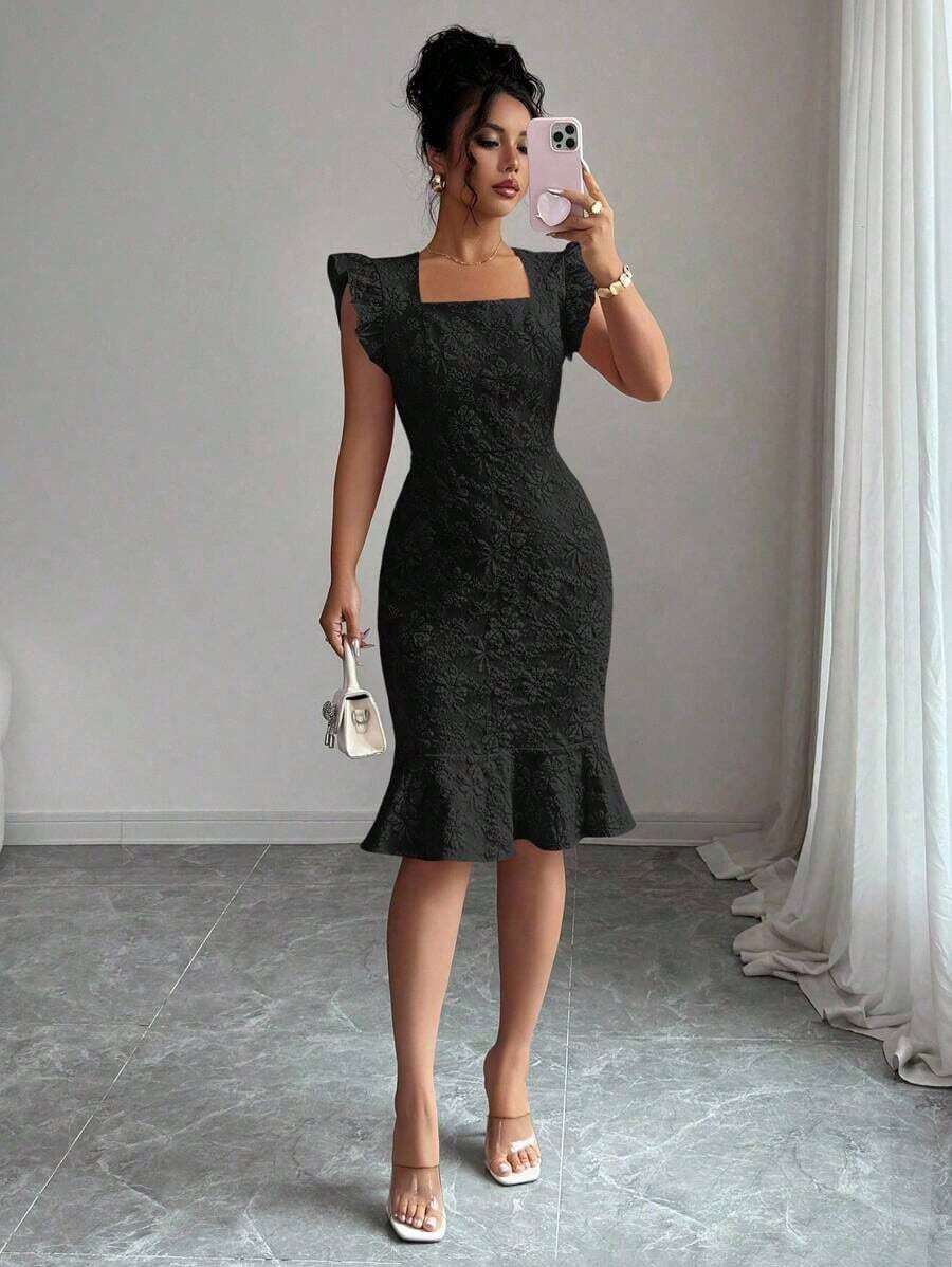 Vestido elegante de jacquard de cuello cuadrado y manga corta para uso diario, verano - Negro - Ver 1
