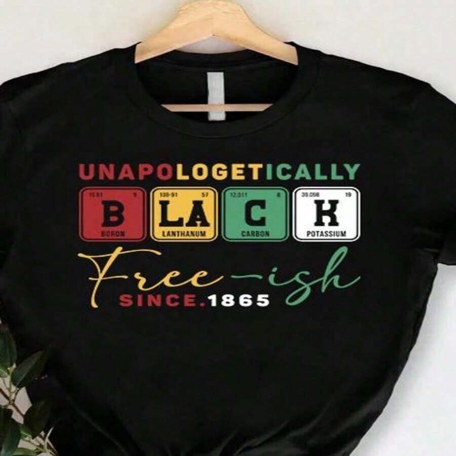 1 Women's Black History Month Print T-Shirt, Crew Neck, Casual Cotton T-Shirt, Medium Elasticity Knit Fabric, Regular Fit For Ladies, Ideal For Spring/Summer/Autumn, New Year, Juneteenth. - 黑色 - 查看 1