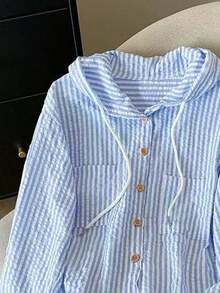 Camisa con capucha holgada con cordón de rayas azules y blancas para mujer, nueva para primavera/otoño - Azul 2 - Ver 3