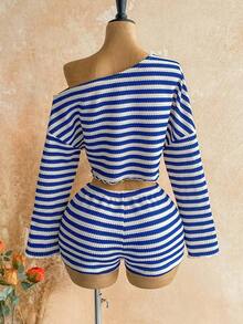 Conjunto de 2 piezas de top de manga larga con hombro asimétrico y degradado y shorts de moda para mujer - Multicolor 7 - Ver 2