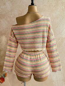 Casual 2-Piece Set Consisting Of A Cropped Top With An Irregular Neckline And Lettuce Hem, And Shorts, In A Solid Color, For Vacation, Spring/Summer - Multicolor 9 - View 6