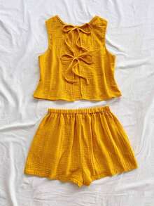Top sin espalda con textura y lazo, holgado y casual para vacaciones, shorts casuales con elástico en la cintura y bolsillos, para playa y mar - Amarillo - Ver 2