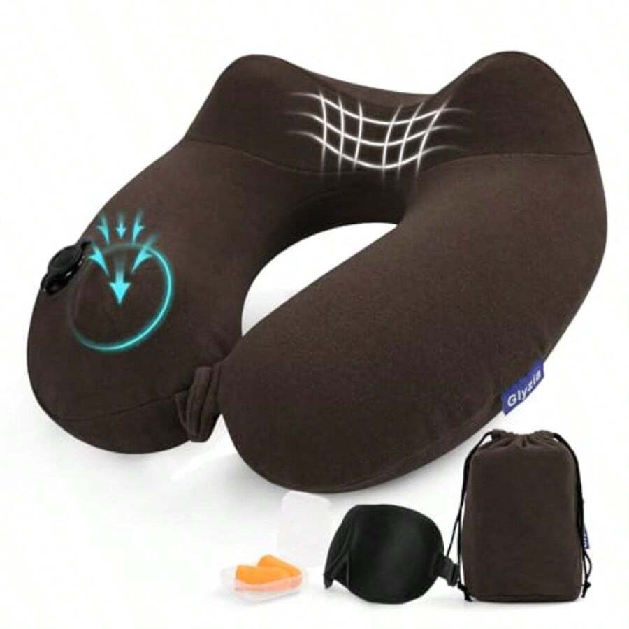 Inflatable Travel Neck Pillow For Airplane, Head Support Velvet Adult Neck Pillow For Long Flight, Kit With Eye Mask, Earplugs And Storage Bag, 1, Brown - Brown - View 1