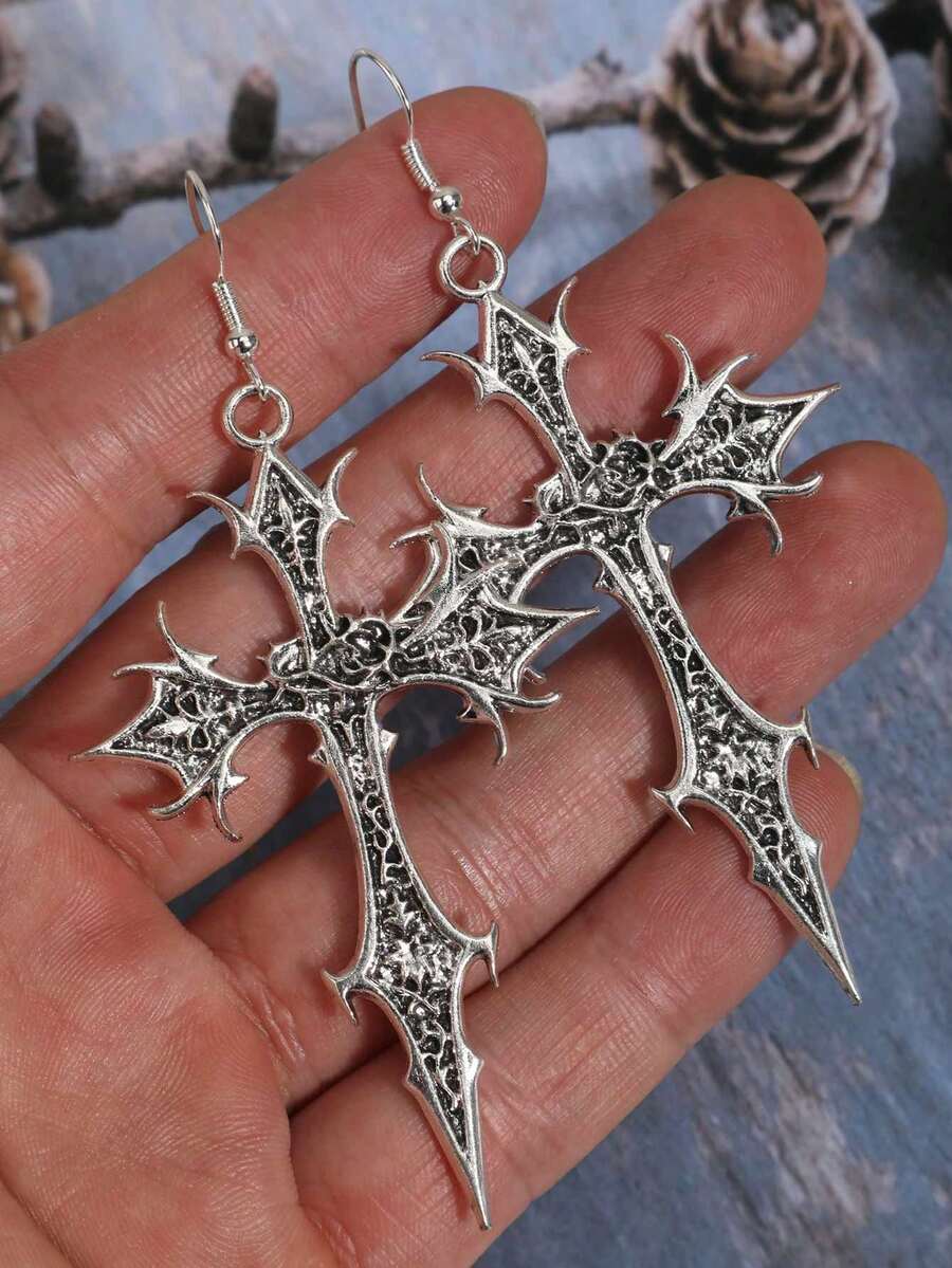 1 Pair Vintage Gothic Cross Earrings - Silver - View 1
