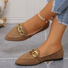 Spring/Summer Women's Pointed Toe Plus Size Flat Slip-On Shoes, Casual Comfortable, Metal Chain Decor, Mom Shoes - Brown - View 4
