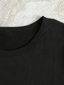 Camiseta de algodón de manga corta para mujer, camiseta con estampado "1976 New York" - Camiseta de verano transpirable de manga corta con cuello redondo y estampado del horizonte de Nueva York, top casual negro para vacaciones, ropa casual de verano. |   Impresión del Skyline de Nueva York |   Detalles de Apliques - Negro - Ver 3