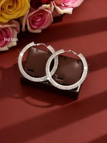 1 Pair Oversized Crystal Hoop Earrings, Double Row Rhinestone Embedded Open Hoops, Exaggerated Earrings For Women, Suitable For Brides, Cocktail Parties And Valentine's Day - Silver - View 3