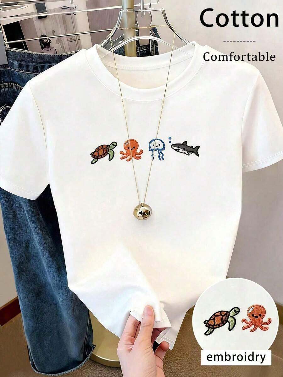 Women's Casual Printed T-Shirt, Short Sleeve And Round Neck, Local Urban Fashion Spring/Summer. Women's Blouses, Women's T-Shirts. 180g (S-XXXL) - 白色 2 - 查看 1