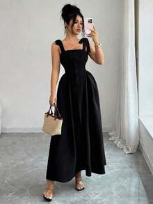 Nuevo vestido largo elegante y versátil para mujeres con textura de tiras y tejido bicolor ajustado para uso diario - Negro - Ver 7