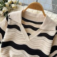 Vestido largo a rayas de manga corta con cuello de solapa, diseño calado, ajustado al cuerpo, vestido de verano de punto, estilo moderno y atractivo, vestido midi de playa. - Negro - Ver 5