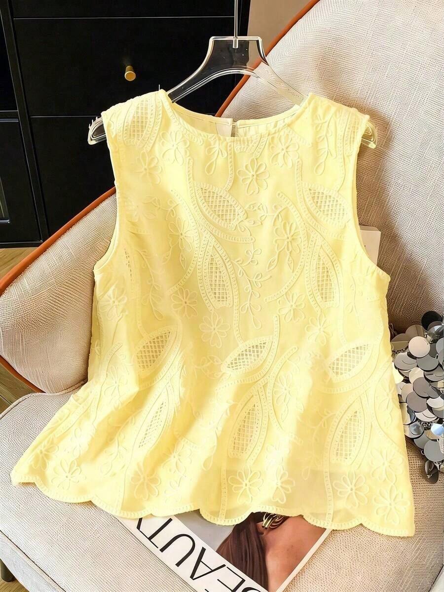 Blusa sin mangas con bordado y ribete de concha blanca para mujer, vacaciones - Amarillo - Ver 1