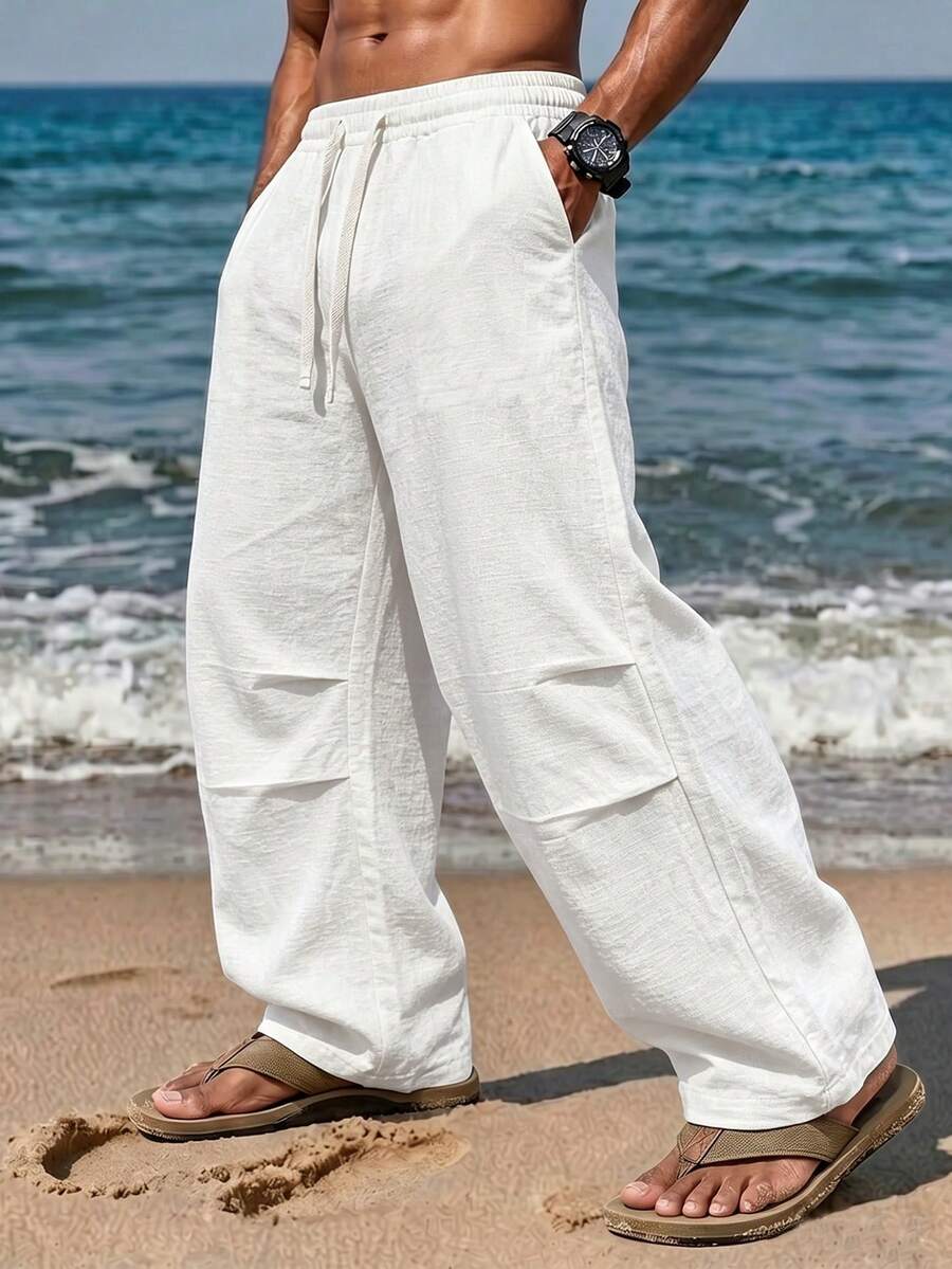 Herren Leinen Einfarbig Kordelzug Taille Gerade Beine Lässig Hose, Herren Kordelzug Hose, Herren Hose, Herren Urlaub, Herren Leinen Hose, Bohemian Stil Hose, Herren