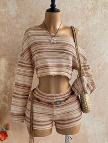 Conjunto informal de 2 piezas de top corto con cuello irregular y borde de lechuga, y shorts, en unicolor, para vacaciones, primavera/verano - Marrón - Ver 1