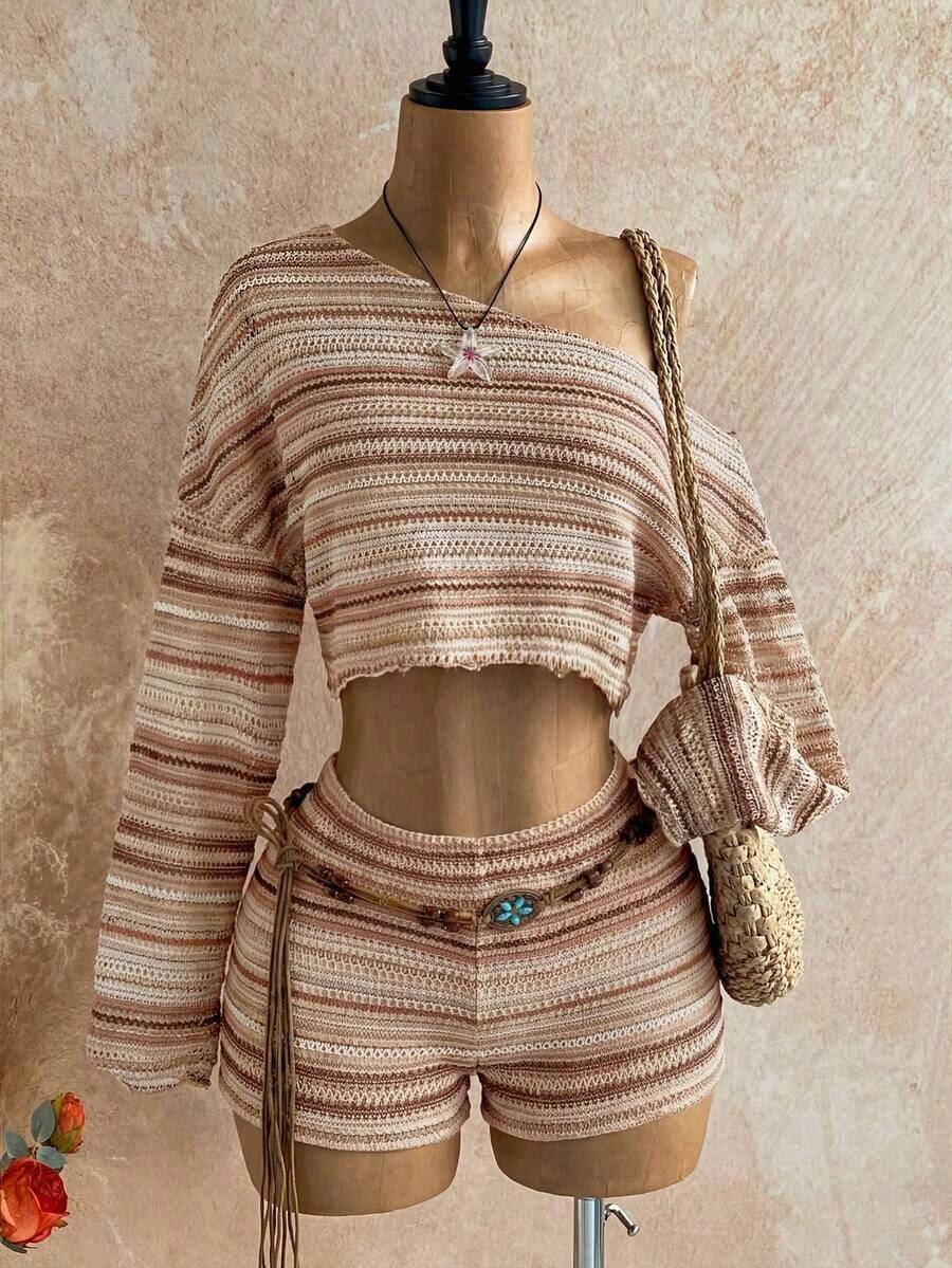 Conjunto informal de 2 piezas de top corto con cuello irregular y borde de lechuga, y shorts, en unicolor, para vacaciones, primavera/verano - Marrón - Ver 1