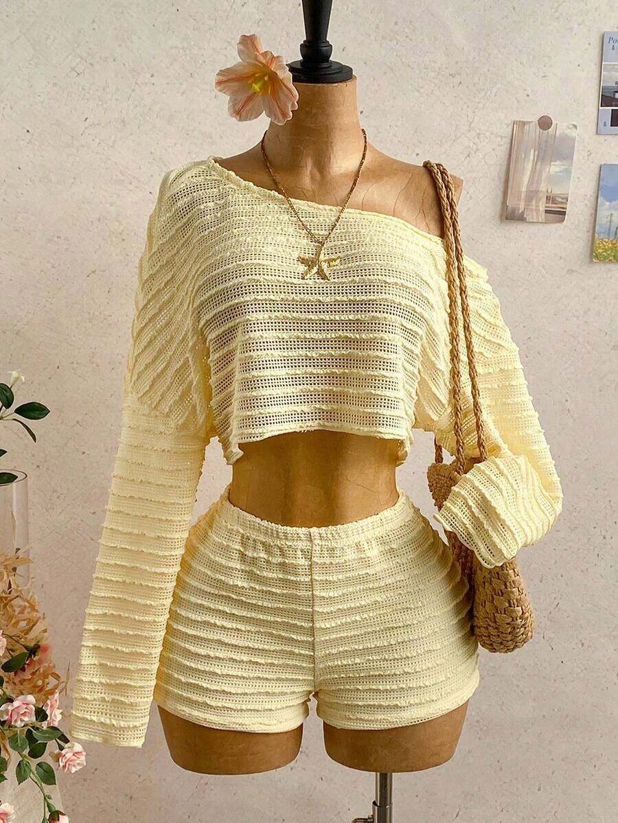 Women's Casual Holiday 2-Piece Set Of Asymmetrical Top And Solid Color Shorts - 黃色 - 查看 1