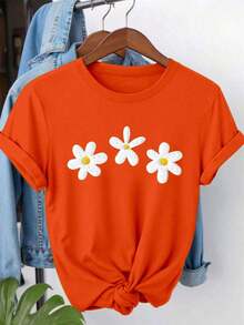 Camiseta cómoda de mujer con estampado de rayas y flores de margarita, cuello redondo, manga corta, minimalista y versátil para uso casual - Naranja 2 - Ver 6