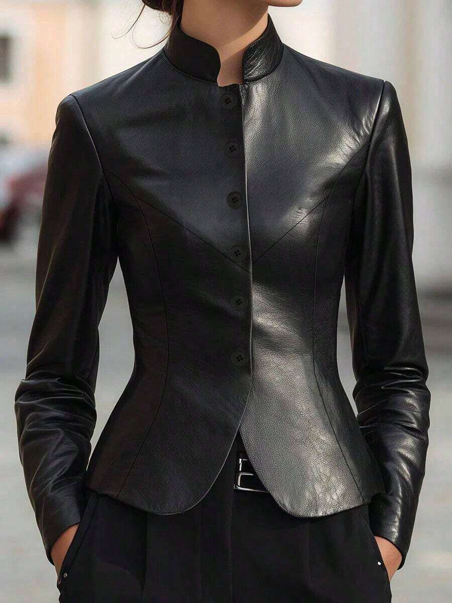 Chaqueta de piel sintética de unicolor para mujer, ajuste slim, cuello alto, manga larga, diseño de botones, uso casual en color negro - Negro - Ver 1