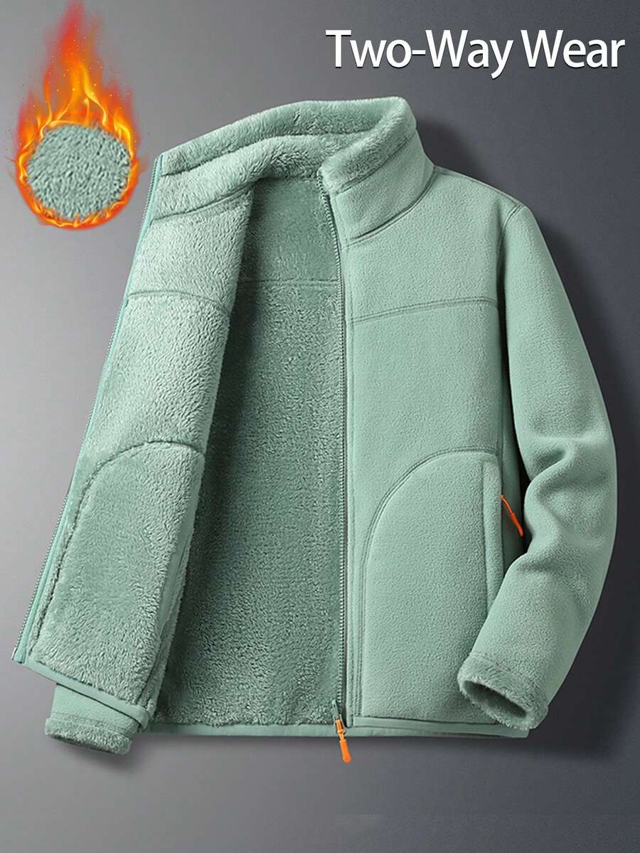 Women's Reversible Fleece Jacket, Double-Sided Plush Softshell Coat W/Zip Pockets, Stand Collar Polar Fleece For Fall Winter Daily, Lounging - Green - View 1