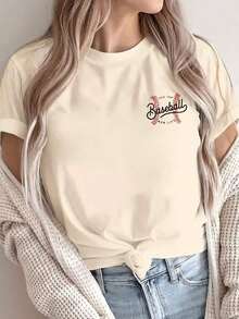 Novedad 2026 [Impresión a Doble Cara] Camiseta de Mujer, Top Casual de Manga Corta y Cuello Redondo, Con Costuras Estilo Béisbol y el Texto "LIVIN' THAT MOM LIFE", Lavable a Máquina, Adecuada para Uso Casual, Ropa Multiusos, Camiseta Moderna, Material Cómodo, Para Entusiastas del Estilo. Tela Suave, Transpirable, 100% Algodón, Camiseta de Mujer para Uso Diario con Estampado Gráfico. - Albaricoque - Ver 3