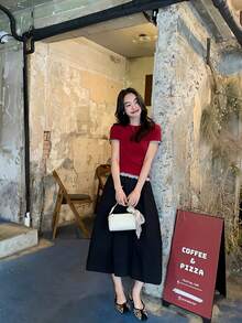 Solid Color Fitted Round Neck Short Sleeve T-Shirt For Women, Contrast Trim Cropped Top Casual Red - Red - View 6