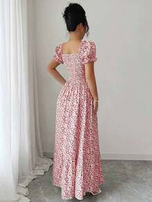 vestido de mujer con estampado digital, mangas abullonadas, nudo delantero, espalda descubierta y cintura ceñida.Elegante y chic para vacaciones, citas, estilizador y adelgazante - Rosado Sandía - Ver 2