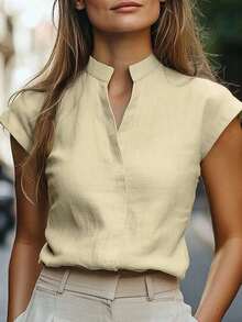 Camisa de mujer casual de unicolor y cómoda con cuello de muesca, para verano - Amarillo claro - Ver 4